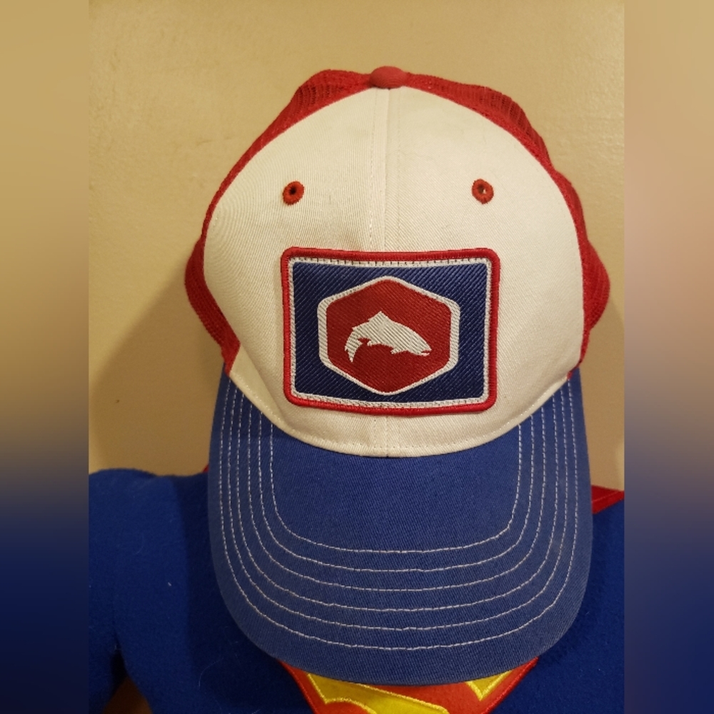Simms Fishing SnapBack Mesh Trucker Baseball Hat Cap Adjustable Red white Blue